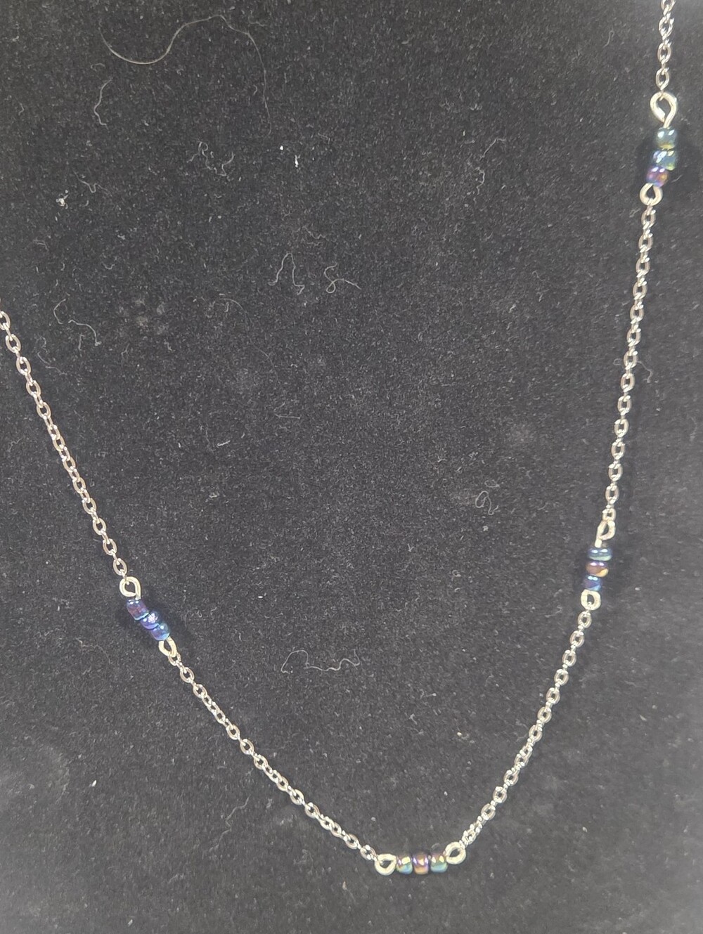 Handcrafted Stainless Steel Silver Iridescent Bead Station Necklace - Blue